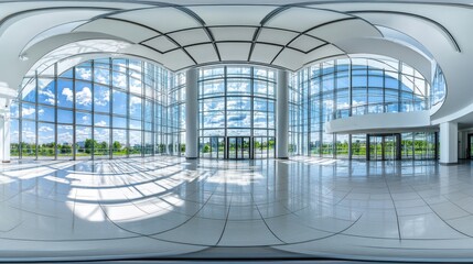 Panoramic view of a modern building lobby with glass walls and white tile flooring reflecting light