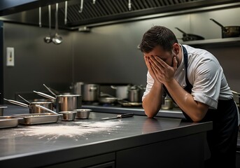 distressed professional chef covers his face with his hands, leaning heavily over a flour-dusted stainless steel counter in a commercial kitchen, conveying intense pressure, frustration, and potential