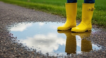Person wearing yellow rain boots standing by puddle on gravel path  