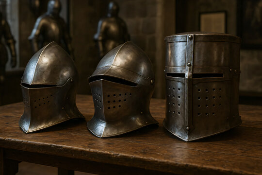 Medieval plate helmets tophelm, bascinet, armet, on a table in a fortress against the background of doe armor.