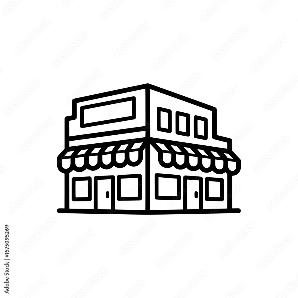 Poster stylized shopfront with awning and windows in minimal outline style