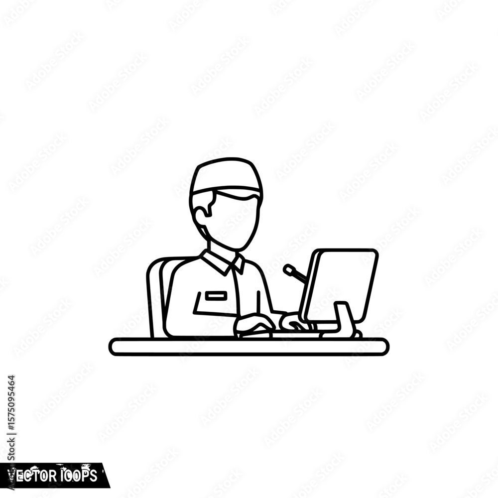 Poster person working at desk with computer and office setup