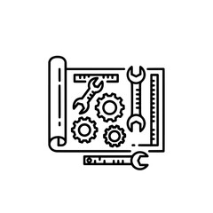 Blueprint with tools gears and measuring devices for engineering projects