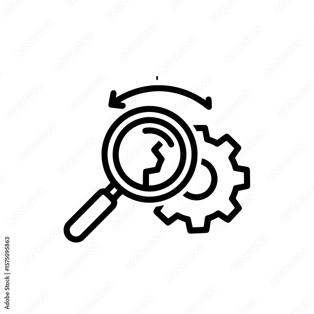Poster magnifying glass with gear symbolizing analysis and search functionality