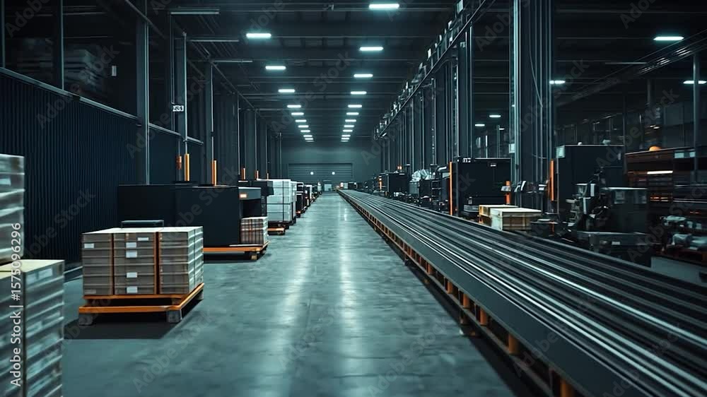 Poster warehouse interior with automated conveyor system long perspective and symmetrical composition with 