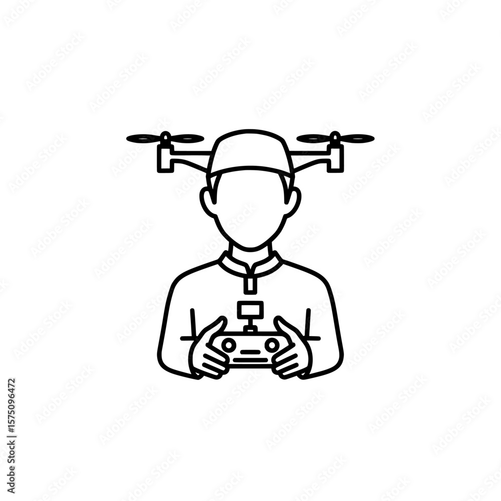 Poster person operating drone controller with flying device overhead