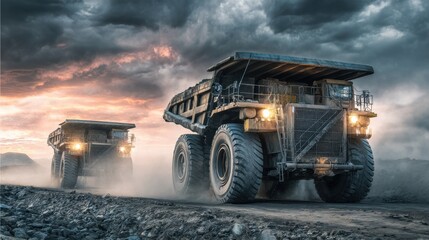 Twin mining trucks traveling in convoy across dry, rocky mining surface