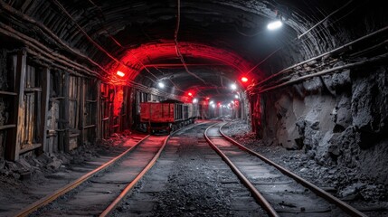 Naklejka premium Underground coal mine with dim tunnel lights, tracks, and mining cart in the dark