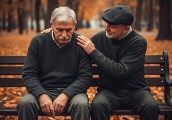 Two senior men are sitting on a park bench during autumn, with one man gently placing a comforting hand on the shoulder of his sad, downcast companion, conveying empathy and support