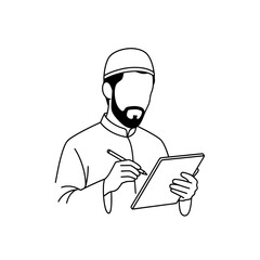 Person writing on digital tablet while wearing traditional attire