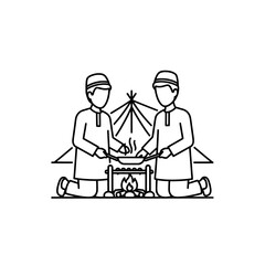 Two people cooking over a fire in a tent during a camping activity