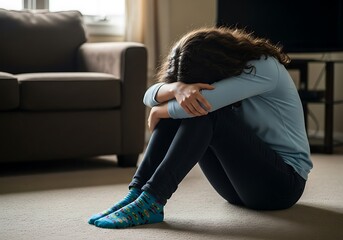 woman is curled up on the floor in her living room, head buried in her knees, signifying deep sadness, anxiety, and a feeling of loneliness or isolation, reflecting mental health struggles