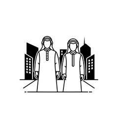Two figures in traditional attire with urban backdrop in monochrome style