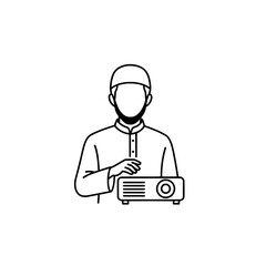 Man holding a projector with a neutral background for presentations or events