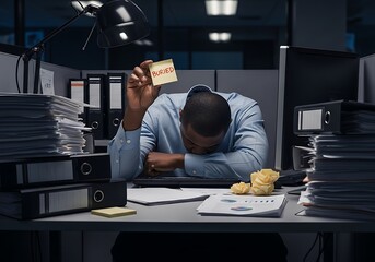 fatigued businessman with his head on his desk holds up a sticky note reading "BURNED" in a dimly lit office cubicle, surrounded by stacks of paper and binders, conveying severe work stress