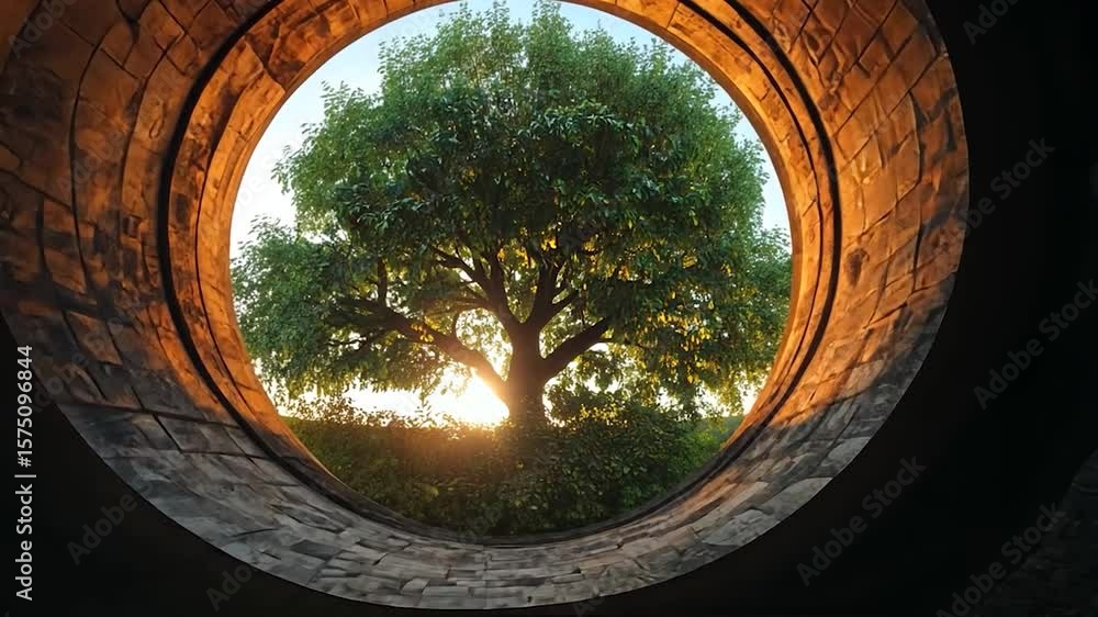 Poster a view of a tree through a circular opening with golden light illuminating the scene. a green tree i