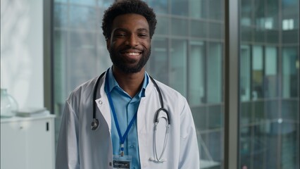 Professional confident smiling ethnic African American man male guy doctor medical student...
