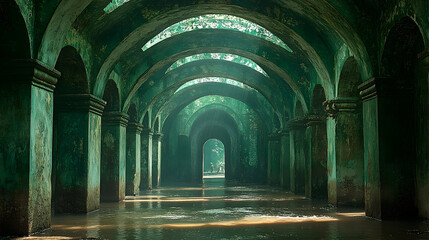 Arched cavern with standing water reflects light, creating a cool, serene, ancient, yet slightly eerie atmosphere