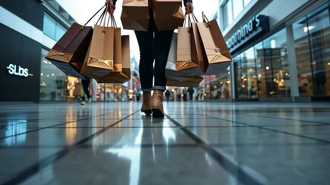 A person carries multiple shopping bags walking in a mall. Brown bags, dark pants, and a reflective floor are visible. The background includes store fronts and soft lighting