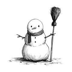 Snowman clipart with a broomstick and scarf in a simple style