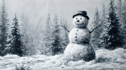 Snowman clipart standing in a snowy forest with a hat and scarf