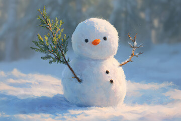 Snowman clipart holding a small branch in the snow