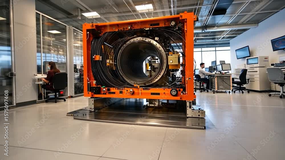 Aufkleber large metallic industrial structure displayed on a platform in a bright white and orange workshop wi