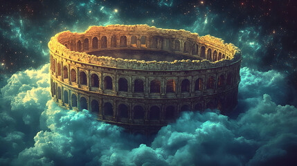Ancient amphitheater ruins float amidst swirling clouds and stardust, a celestial blend of history and fantasy