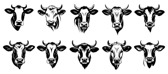 Cow Face Silhouette Set, vector illustration