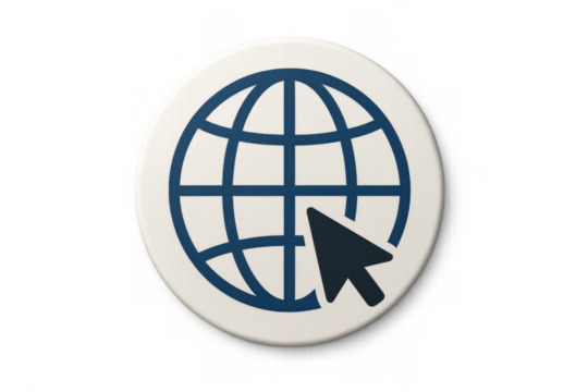 World globe icon with cursor clicking, representing global internet connectivity and browsing on transparent background