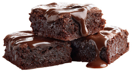 Chocolate Brownies Stack with Fudge Sauce Topping on White Background