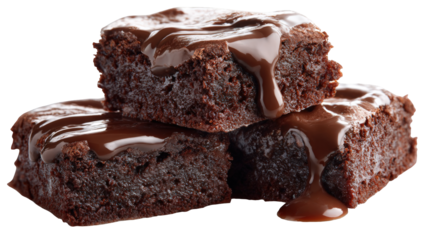 Chocolate Brownies Stack with Fudge Sauce Topping on White Background