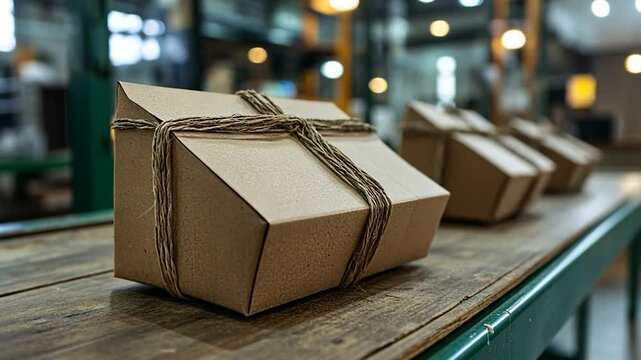 Close-up of brown cardboard boxes on a conveyor belt. Each box is tied with string, with a shallow depth of field. Industrial and packaging concept