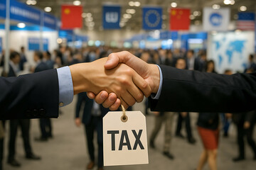 Export tariffs trade. Two people shaking hands with a "TAX" tag, symbolizing agreement or negotiation amid a crowded conference or business event.