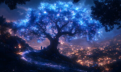 Luminous tree glows blue above city lights, silhouetted figures nearby, beneath the night sky