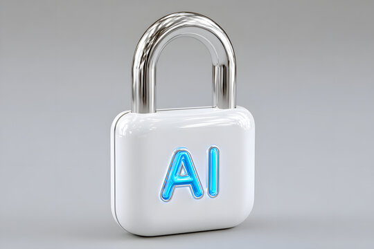 Secure Artificial Intelligence is represented by a white padlock with the letters AI in a bright blue on a neutral background. Ai Generated Images