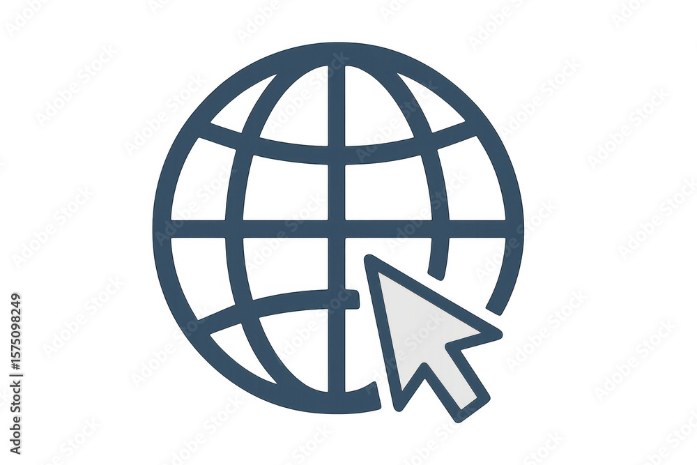 Poster blue world globe icon with mouse cursor clicking on transparent background, representing global conn
