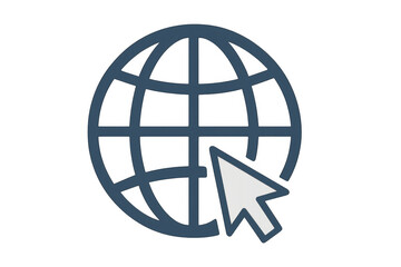 Blue world globe icon with mouse cursor clicking on transparent background, representing global connectivity and internet browsing