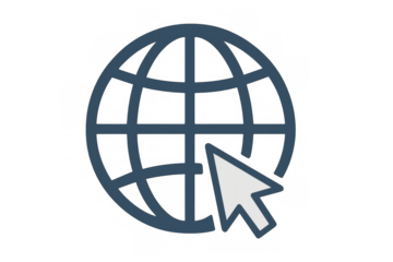 Blue world globe icon with mouse cursor clicking on transparent background, representing global connectivity and internet browsing