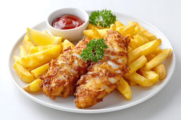 Golden fried fish fillets with crispy french fries, served with lemon and ketchup, a classic British comfort food meal. Ai Generated Images