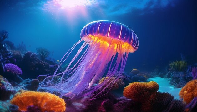 vibrant bioluminescent jellyfish glowing underwater amidst coral reef