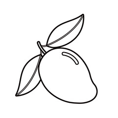 Simple vector black and white line art of a whole mango with a leaf. For tropical, fruit, summer, kids, print, coloring page, banner and food design projects. Hand drawn. Isolated background.