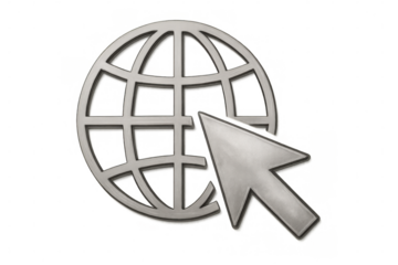 Metallic cursor pointing at shiny global network icon, representing digital connectivity against transparent backdrop