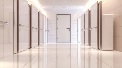 Bright hallway with white doors and shiny floor leading to the main door in the center of the frame
