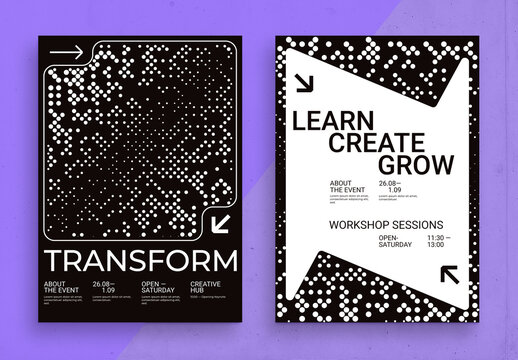 Halftone Geometric Poster Layouts with Bold Black and White Contrast