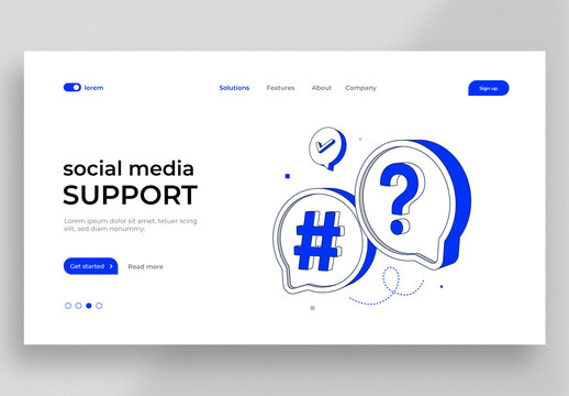 Webpage Design Social Media Support Featuring Hashtag and Question Mark Icons