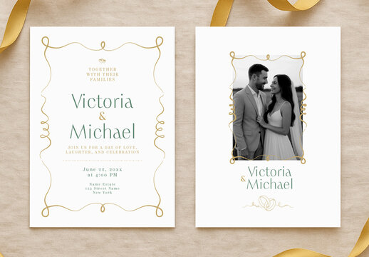 Wedding Invitation Template with Whimsical Gold Frame and Elegant Typography