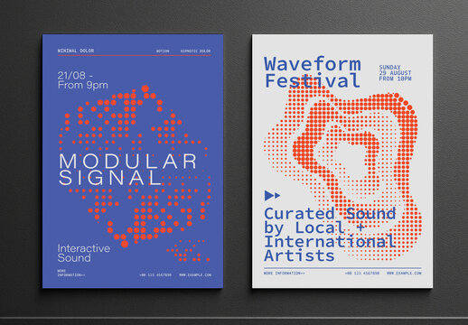 Modern Electronic Music Posters with Halftone Wave Patterns in Red