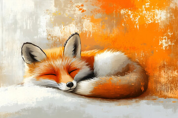 Sleeping Fox A stylized painting of a fox curled up sleeping against a white and orange mottled background