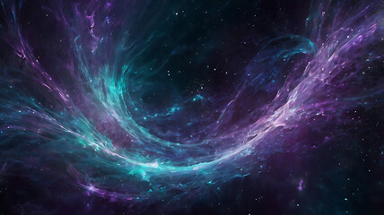 Cosmic nebula swirls in vibrant purple and teal hues.